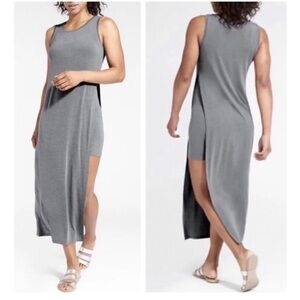 Athleta Gaia Layered Maxi Dress Heather Gray XXS Side Slit Sleeveless. NWOT